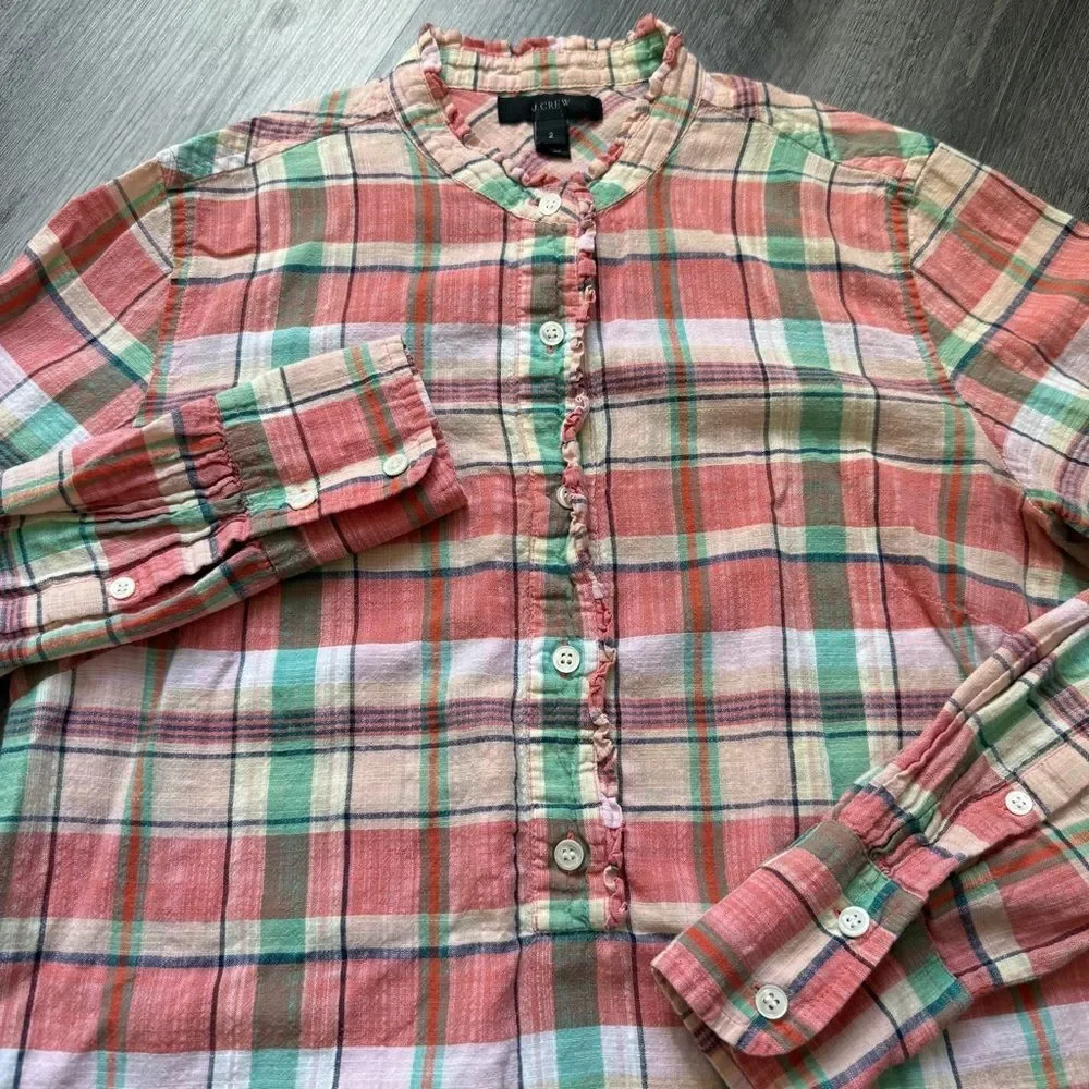 J.Crew Plaid Ruffle Half Button Down Popover Top 2